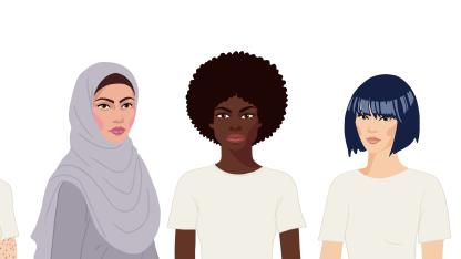 Sieben weiblich gelesene Personen mit unterschiedlichen Haut- und Haarfarben sind abgebildet.